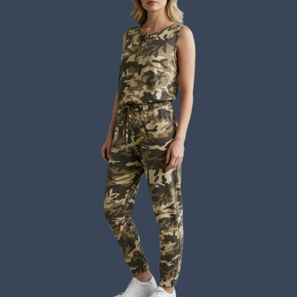ZENANA Camouflage Olive Green Tan Loungewear Sleeveless Jumpsuit